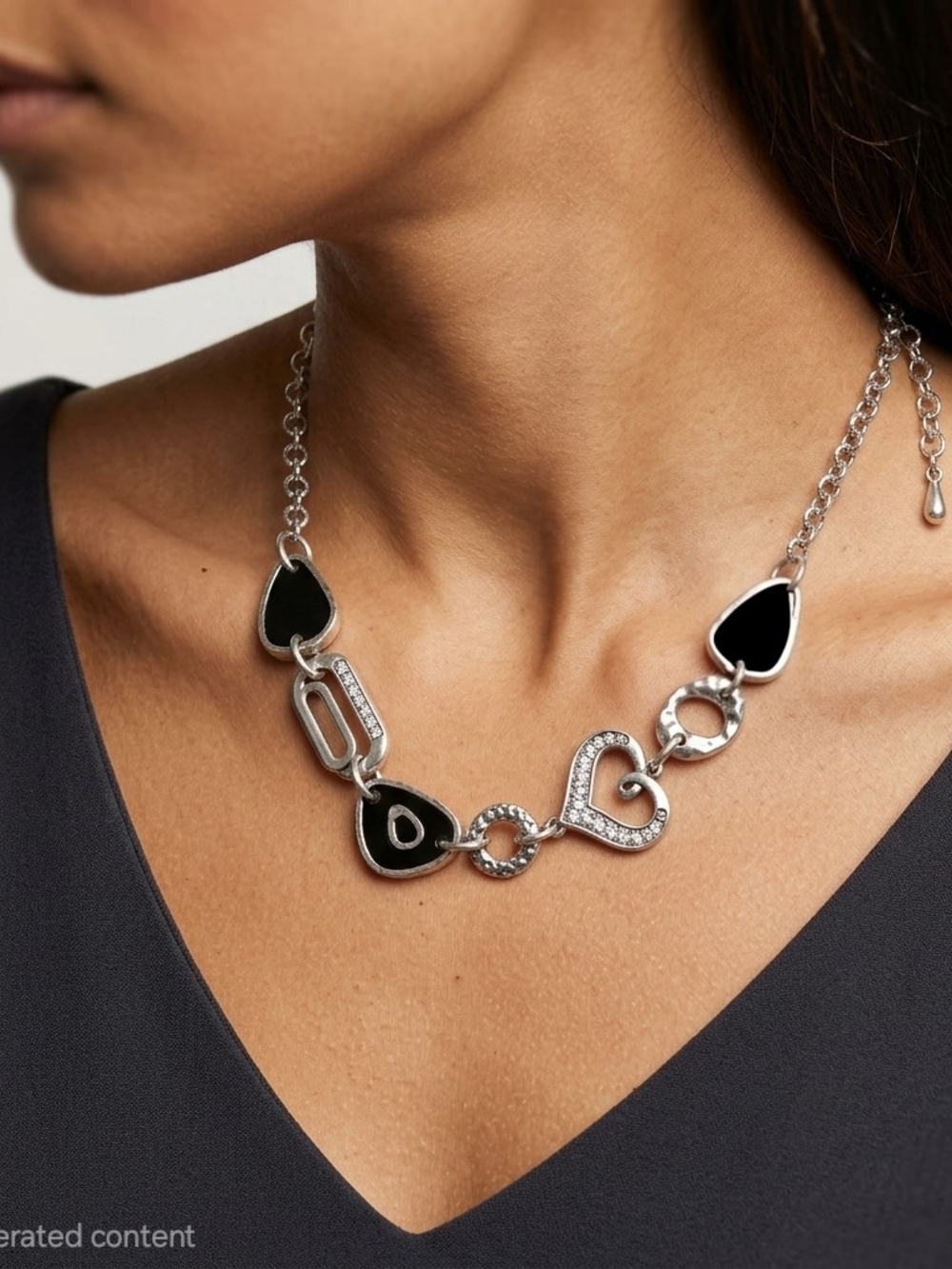 Silver Tone Rhinestone Heart Statement Necklace Extender Link Bib Choker
